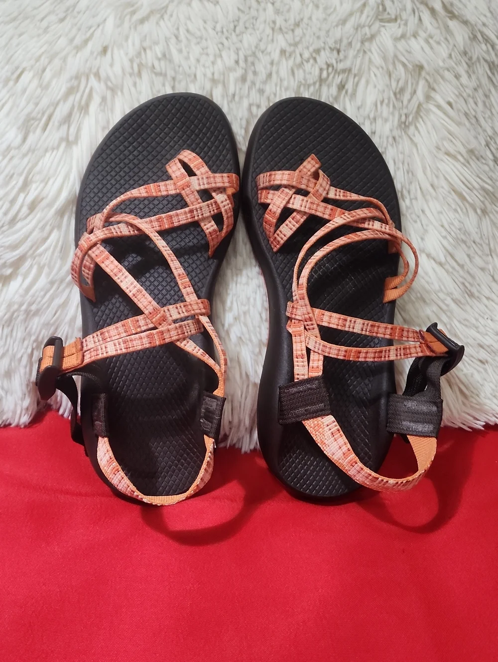 Chaco Women's Strappy Sandals in Coral Orange and Brown